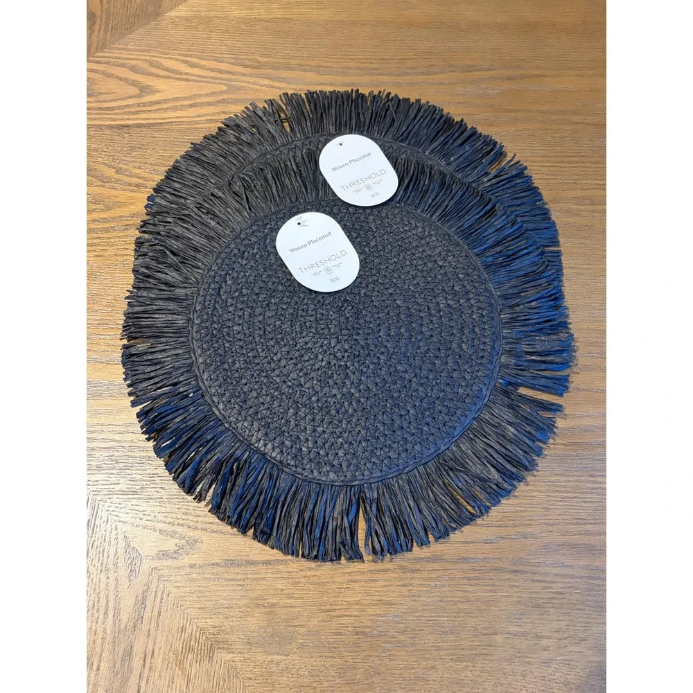 Threshold Black Woven Placemats Round Fringe Boho Table Decor Set of 2 NEW